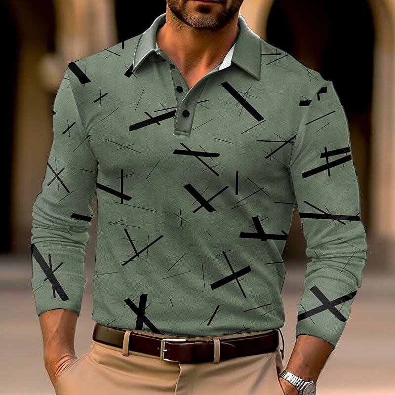 Men s Geometric Print Golf Shirt Long Sleeve Polo Shirt Lapel Business Casual Formal Button 3D Printing Autumn and Winter S