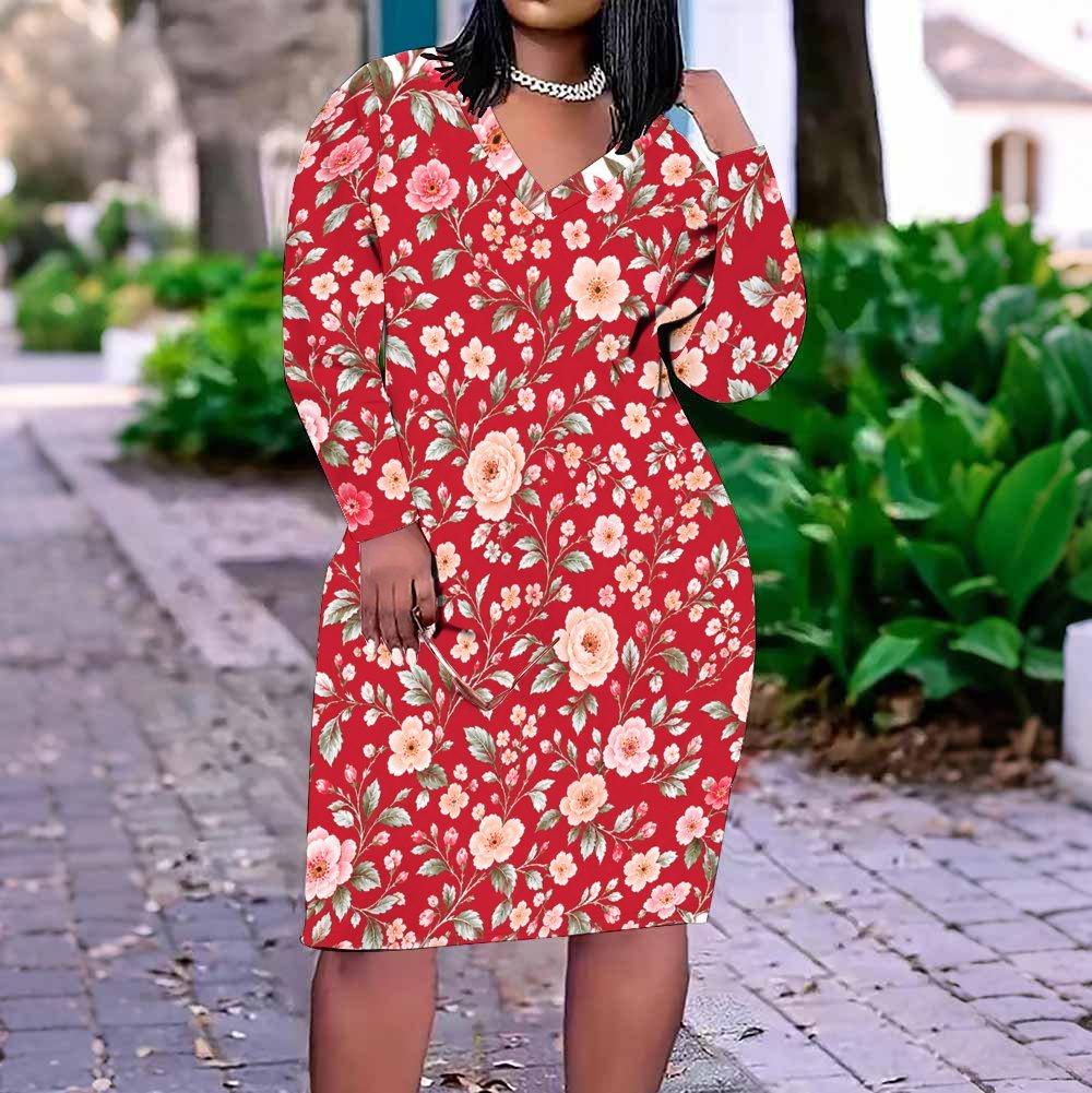 Women Plus Size V Neck Long Sleeve Red Floral Printed Fitted Straight Hem Dress