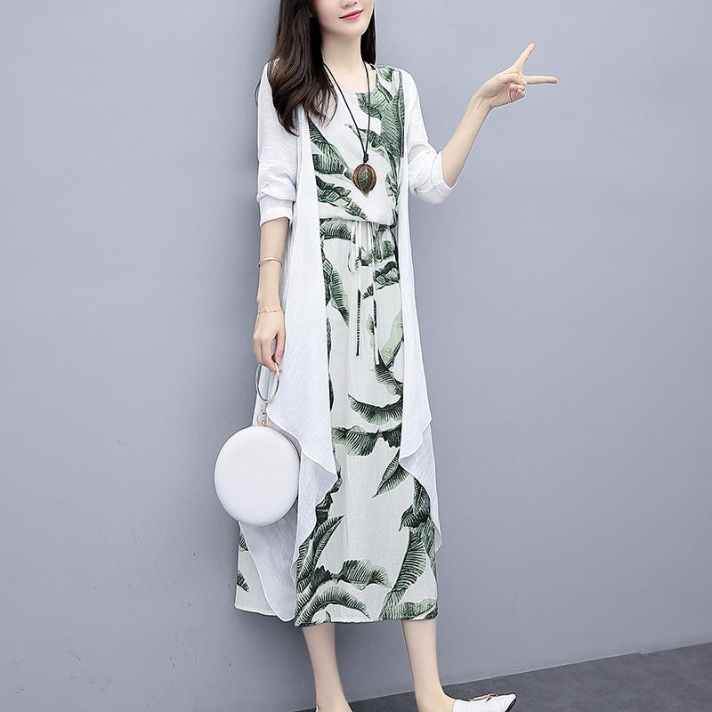 

Платье свободного покроя с этническим рисунком, комплект из двух частей, юбка до колена M зелёный