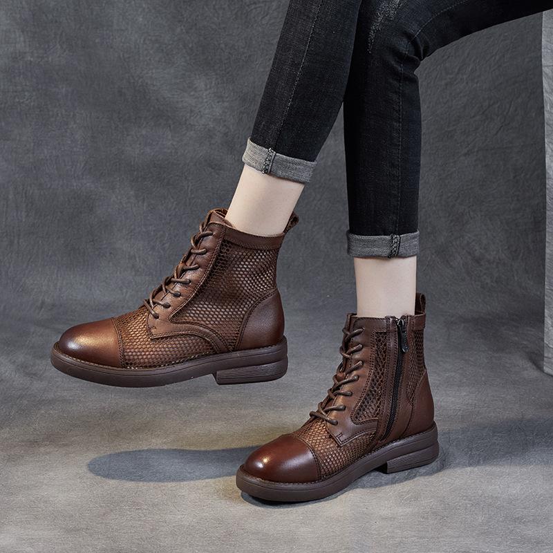 Spring 2025 new breathable mesh shoes first layer cowhide short boots British retro women's boots summer fashion sandals