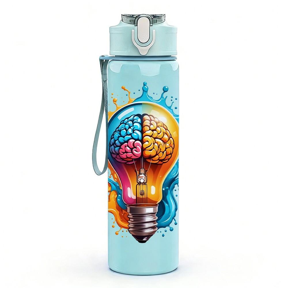 1PC Light Bulb Creative Idea Art Print 750ml Color Plastic Sports Water Bottle Leakproof Flip Straw Lid Suitable for Sports Office Home Use