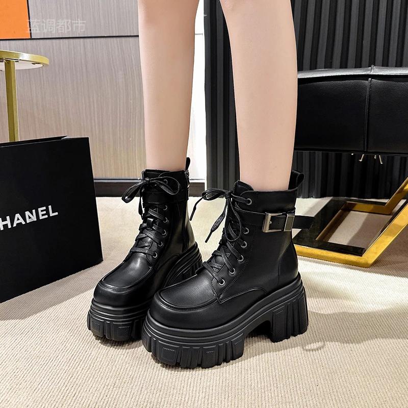 Fashion 9CM Women's Ankle Boots New Ladies Platform Leather Short Boots High Heels Winter Warm Plush Chunky Booties Fur Snow Shoe Woman