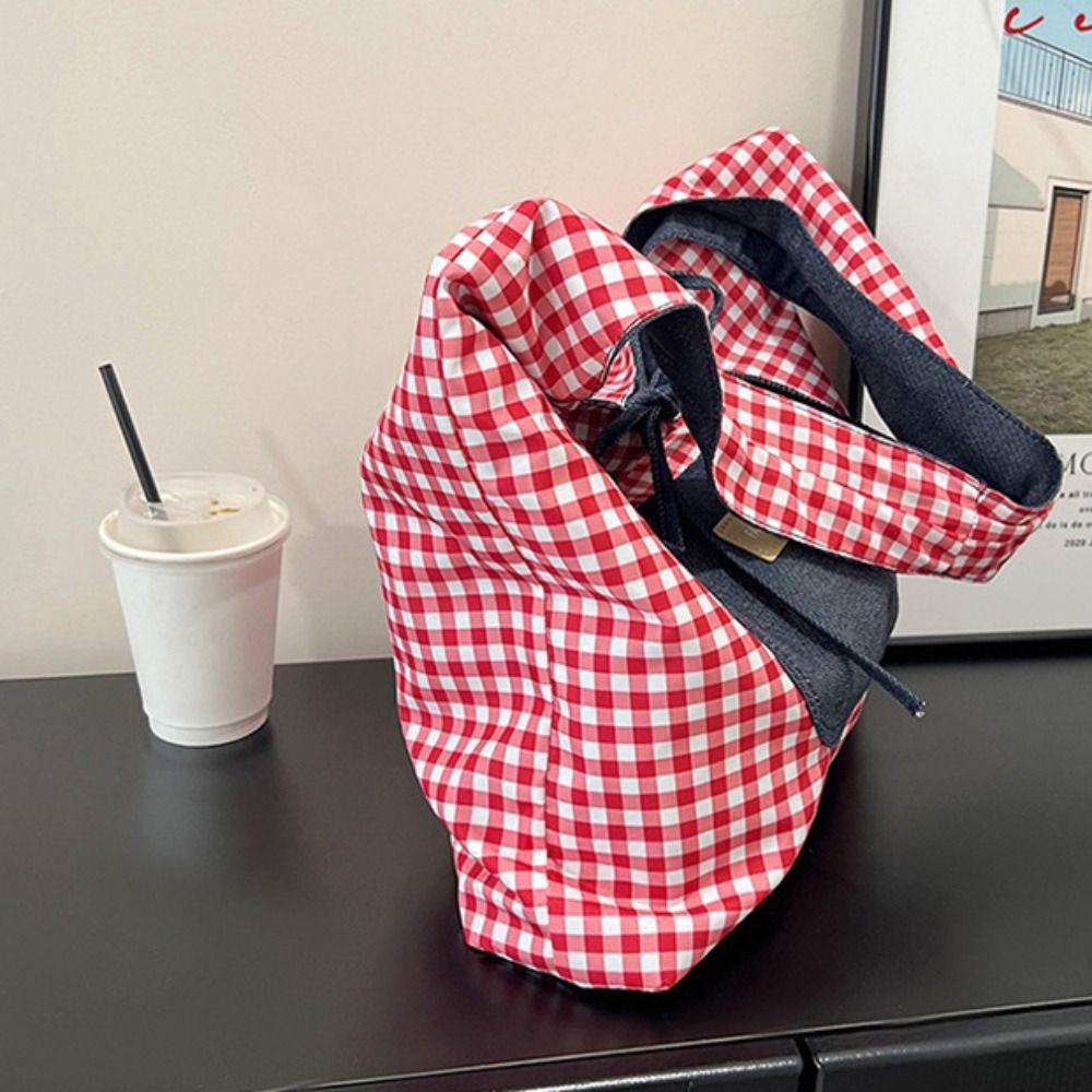Lattice Double Sided Plaid Denim Vest Bag Japanese Style Canvas Tote Bag  Student