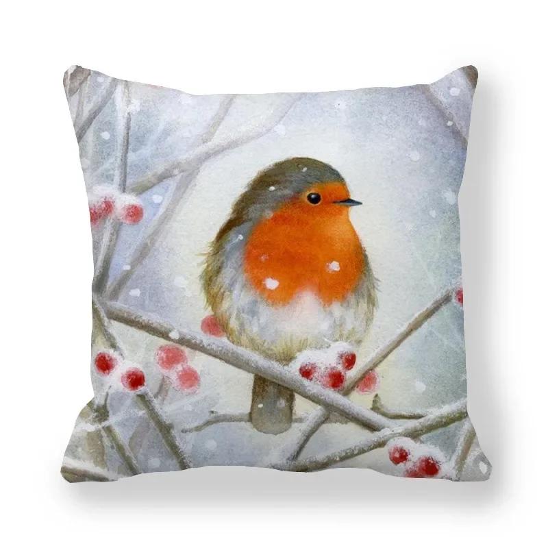 New Christmas Cushion Cover Print Robin Bird Pillow Navidad Gift Pillowcase Decoration