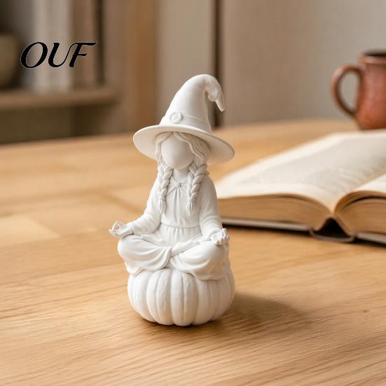 Unfinished Craft Ornaments 3D Printed Meditating Witch Figurine on Pumpkin Base, Minimalist Small Desktop Figurines Halloween Autumn Statue,