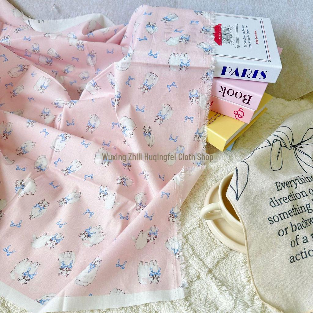 100% Cotton Korean Cat Bowknot Floral Fabric for Women's & Children's Clothing