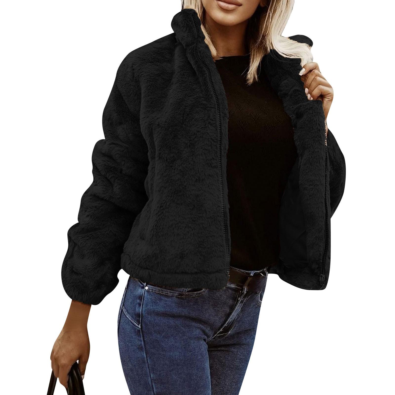 

Женская повседневная модная куртка-стойка на молнии из плюша однотонного цвета S чёрный