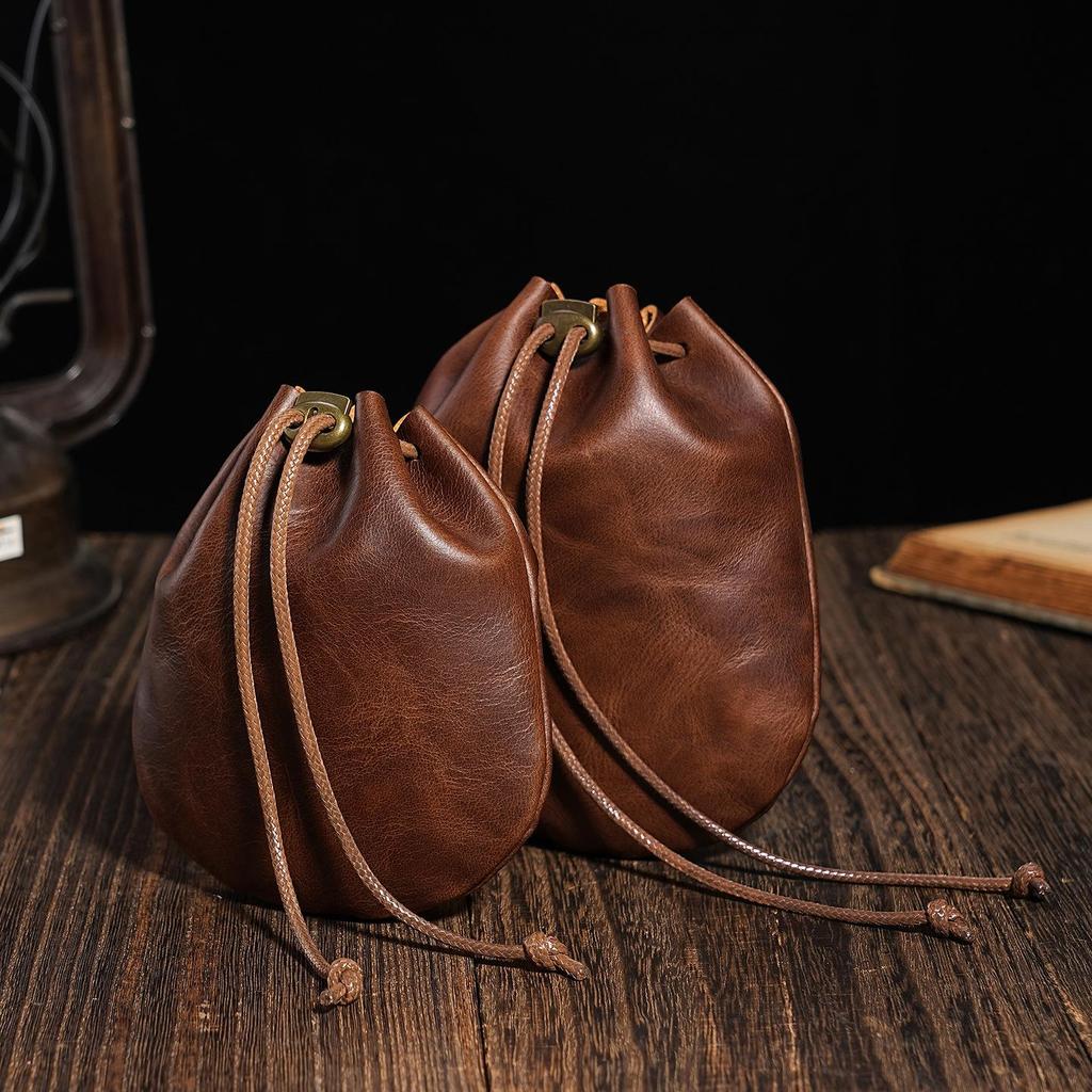 Retro Crazy Horse Leather Coin Purse: Genuine Cowhide Drawstring Bag for Jewelry, Cards, and Keys