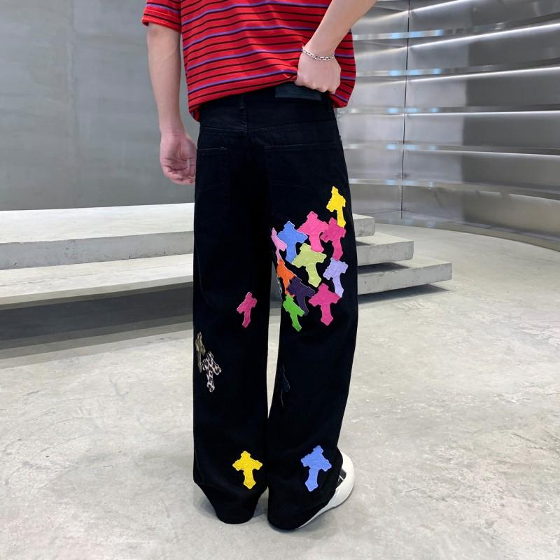 Mens Loose Straight Cut Denim Jeans With Embroidered Patch Art American Streetwear Style Low Rise Wide Leg Trousers