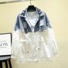 Moda primavera cintura emagrecimento costura denim jaqueta feminina de comprimento médio corta-vento