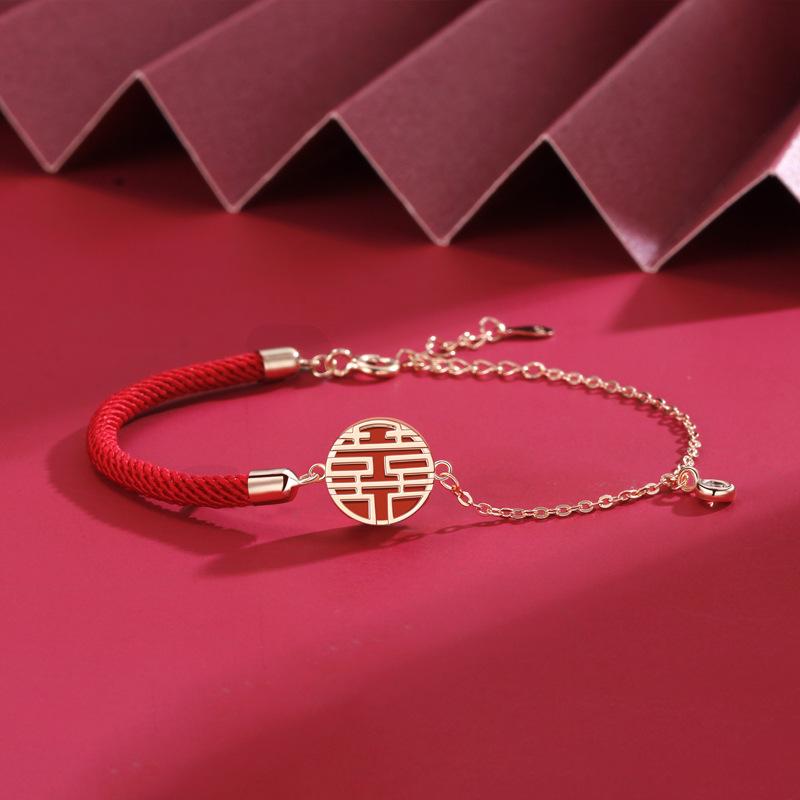 Chinese Fengfu Xi Character Bracelet Women's Guochao Court Red Rope Retro Xi Character Natural Agate Jewelry