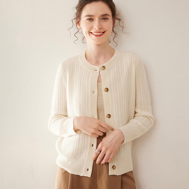 Women's Cashmere Round Neck Cable Knit Button-Up Cardigan - Autumn/Winter 2025 Korean Loose Slimming Style