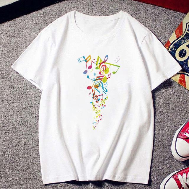 Fashion Creative Musical Note Printed T Shirt Female Harajuku Tshirt Ulzzang Clothes Vintage New White T -Shirt Women Tees Tops