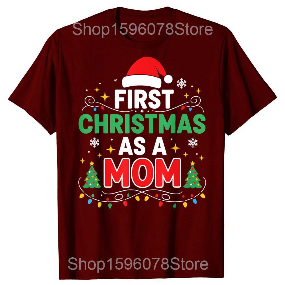Erstes Weihnachten als Mama Familienpassende 1. Weihnachts-T-Shirts Herren 100% Baumwolle Locker Übergroß Rundhalsausschnitt Hip Hop T-Shirt