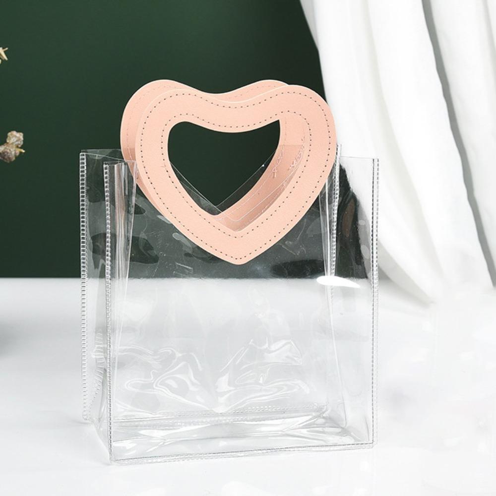 

Прозрачные сумки для покупок с ручкой в форме сердца, подарочная сумка для рук, водонепроницаемая сумка для хранения L-Pink Handle