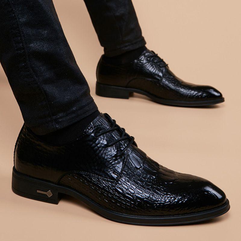 Korean British Men's Pointed Spring and Summer Men's Leather Shoes Crocodile Pattern Casual Business Formal Leather Shoes