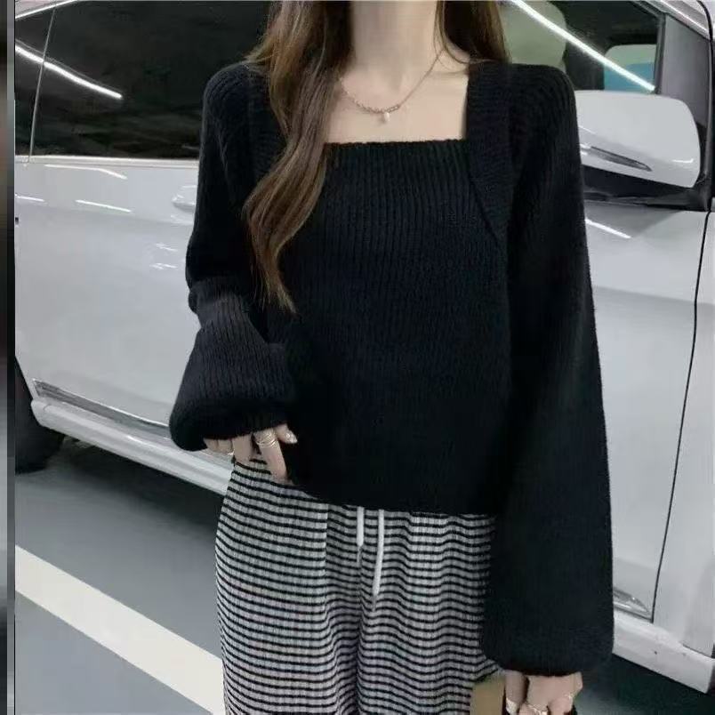 

Вязаный свитер с квадратным вырезом, женский осенне-зимний короткий топ с рукавами-буфами 3XL чёрный