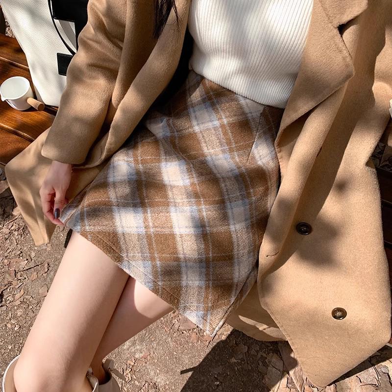 2025 Autumn/Winter Women's High-Waisted Plus Size Yellow Plaid Wool Mini Skirt