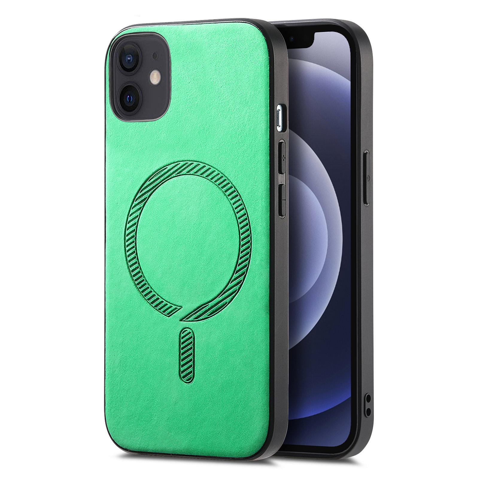 

For iPhone 12 6.1 inch Leather Back Case Compatible with MagSafe Skin-touch Phone Cover Green