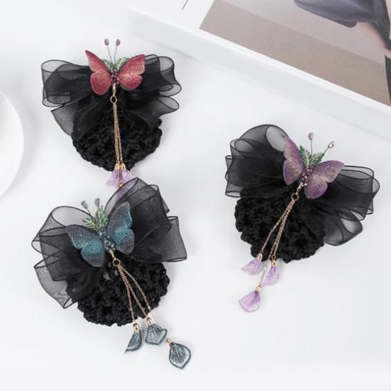 Hair Net Elastic Tight Non-Slip Handmade Tassel Bow Decor Dress Up Headdress Women Hair Clip with Hair Net Bag Hair Accessories