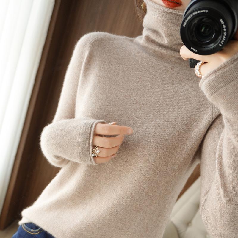 Women's High Neck Knit Sweater: Long Sleeve, Solid Color, Loose Fit, Stylish Autumn/Winter Base Layer