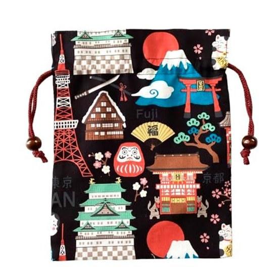 Kyouyou Japan-made Drawstring Bag Pouch Approximately 24.519cm Cotton Wooden Bead Black