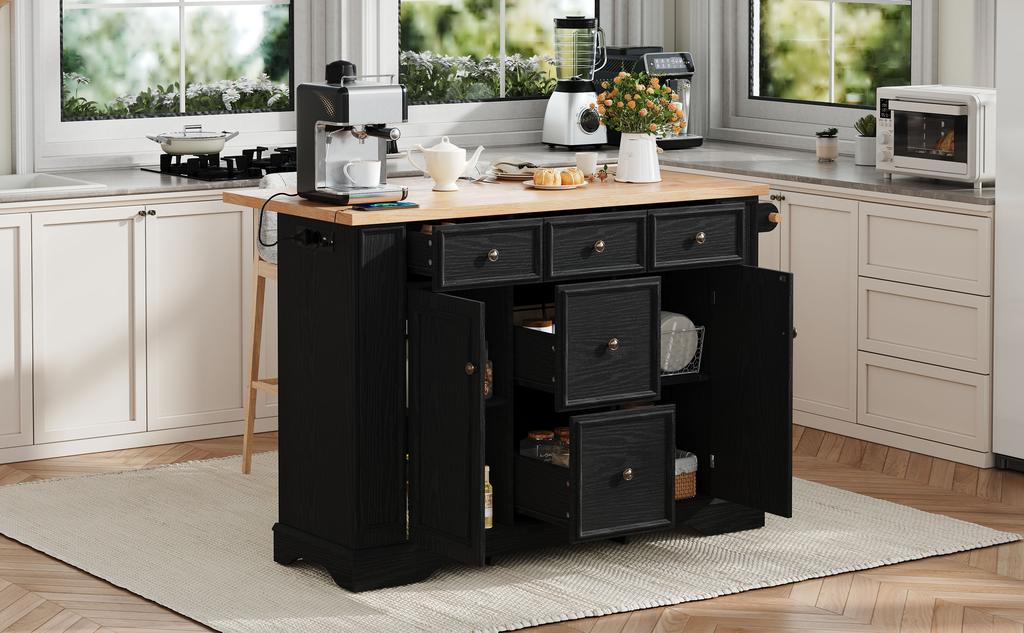 Ausziehbare Kücheninsel mit verstellbaren Regalen und multifunktionalen Schubladen, freistehend, Steckdosenleisten, ideal für Küche und Esszimmer (Schwarz)
