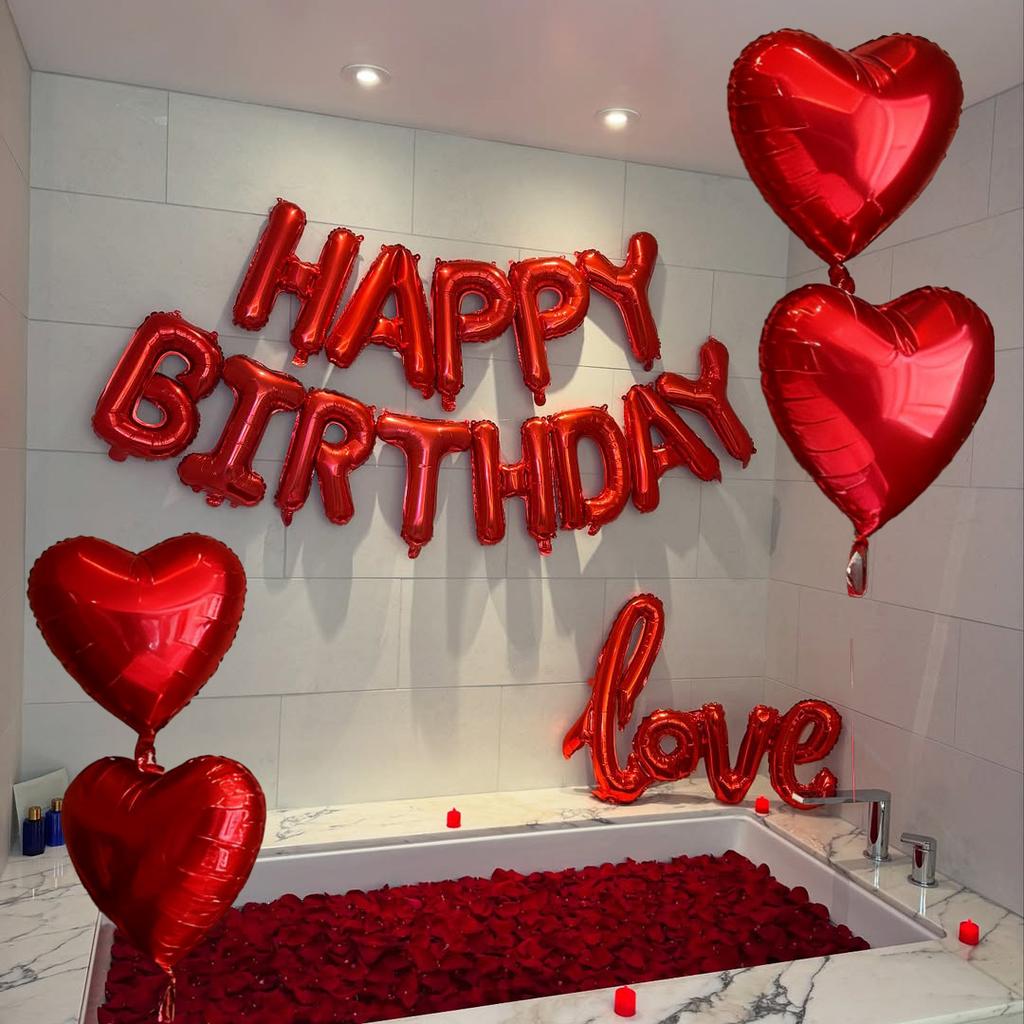 Red Birthday Balloon Set with Rose Petals LOVE Aluminum Film Balloon Birthday Party Decoration Photography Props