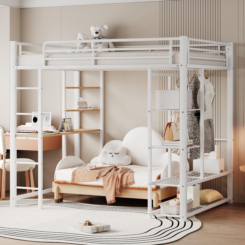 Cama Loft de Metal con Escalera 140*200 cm, Cama Junior Cama Doble con Mesa con Percheros Simples con Compartimentos de Almacenamiento, Blanca
