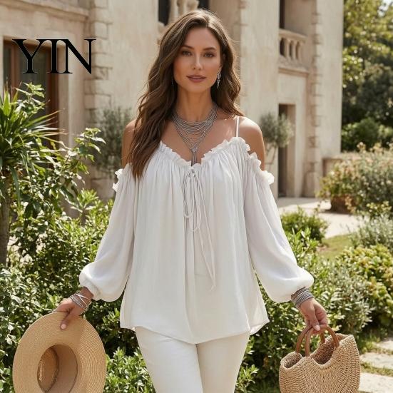Top Camicie Casual da Donna per Tutti i Giorni, Camicia a Maniche Lunghe Puff con Vestibilità Larga, Pullover Sling Senza Spalle Traspirante a Colore Puro per Lavoro Feste