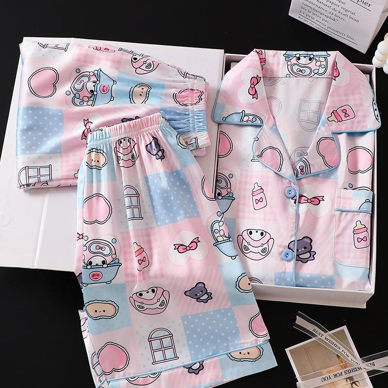Girls Ice Silk 3-Piece Pajama Set Short Sleeve Sleepwear Kids 8 Years Cartoon Print Lightweight Air-Conditioning Suit