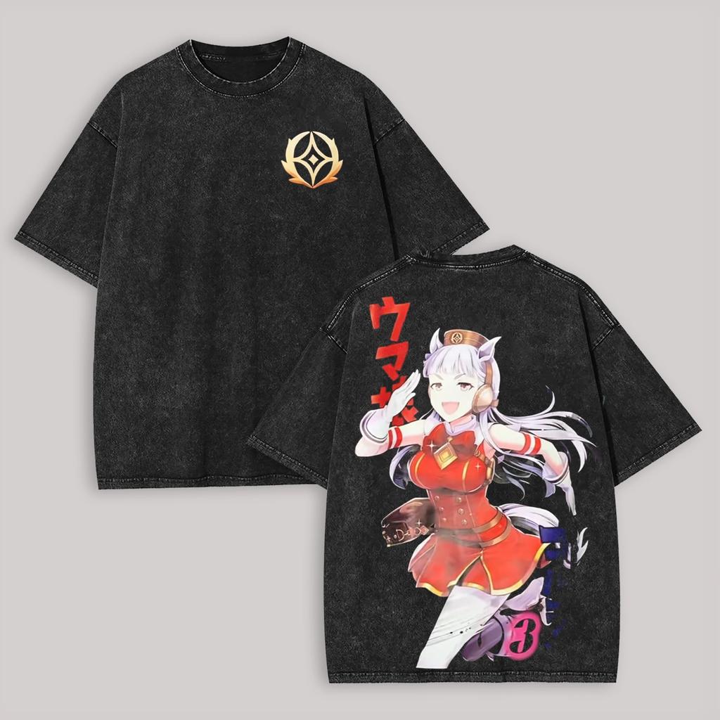Camiseta Lavada Anime Umamusume Amante de Anime Mulheres Homens Oversized Unissex Roupas de Personalidade Vestuário