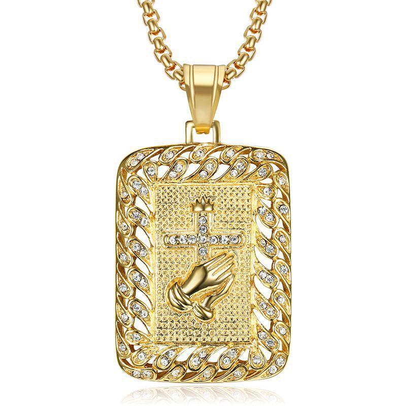 Europäischer und Amerikanischer Schmucklegierung Farbe Erhaltend Diamant Inlay Buddha Hand Gebet Kreuz Anhänger beige