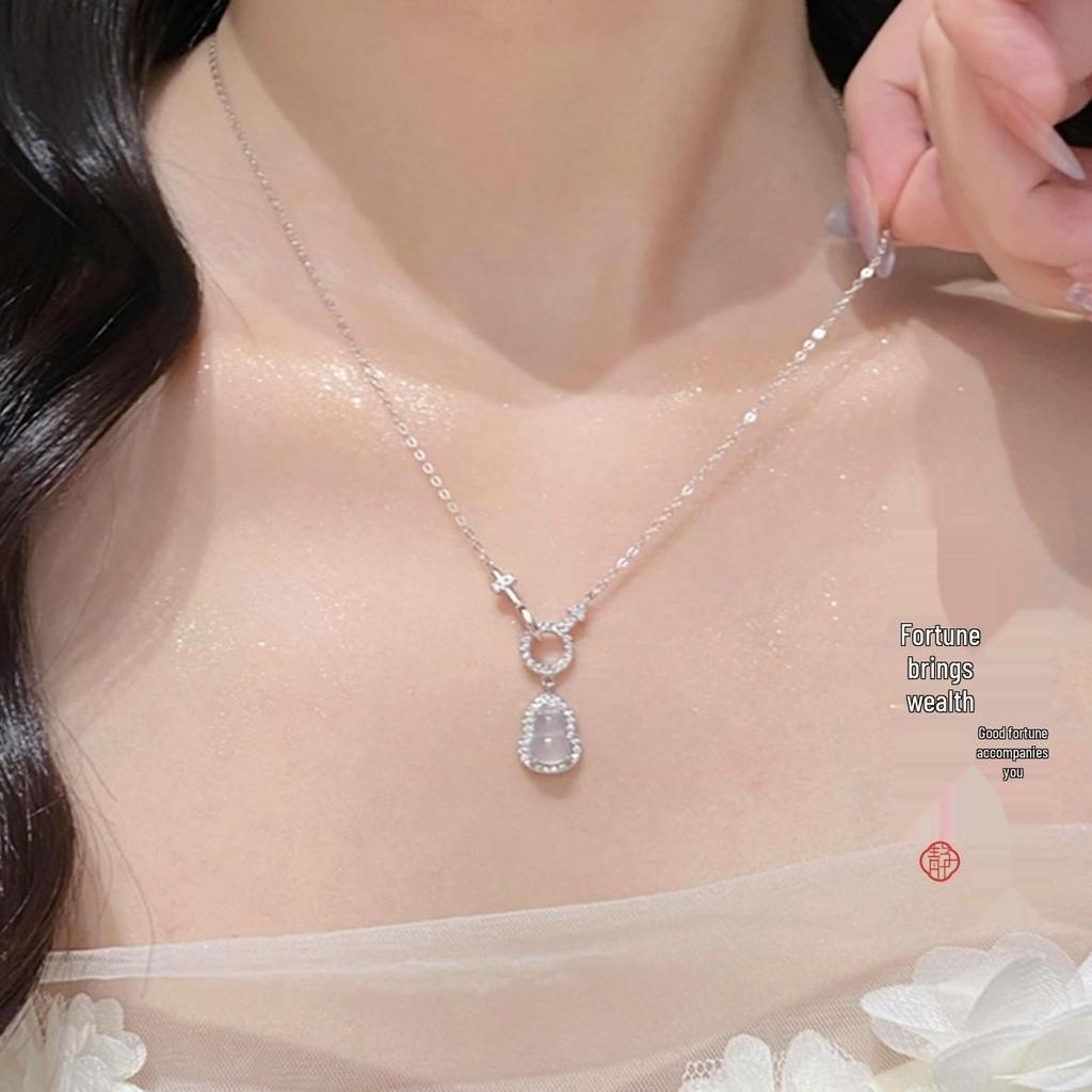 S925 Sterling Silver Interlocking Rings with Natural White Agate and Diamond Gourd Necklace – Elegant Clavicle Chain
