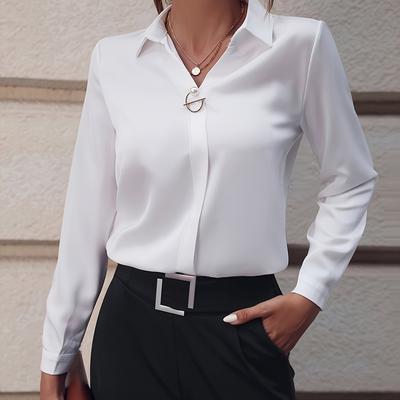 Camisa Feminina de Seção Fina para Primavera e Outono com Lapelas Mangas Compridas Decorada com Pérolas Artificiais Camisa de Corte Padrão Blusa Simples Lisa Leve