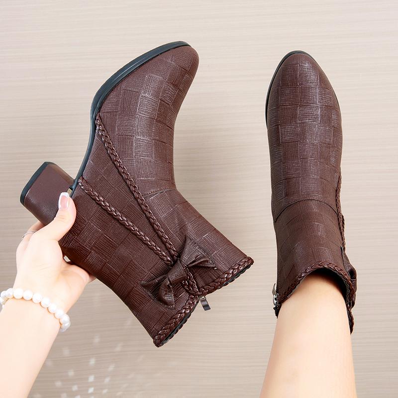 Fashion Women'S Boots Side Zipper Chunky Heel Ankle Boots Bow Pointed Toe Mid Heel Slimming Versatile Short Boots