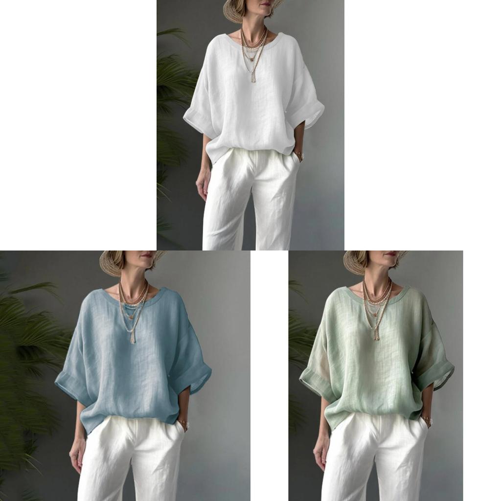 Cotton Linen T Shirt With Rounded Neck For Casual Daily Wear