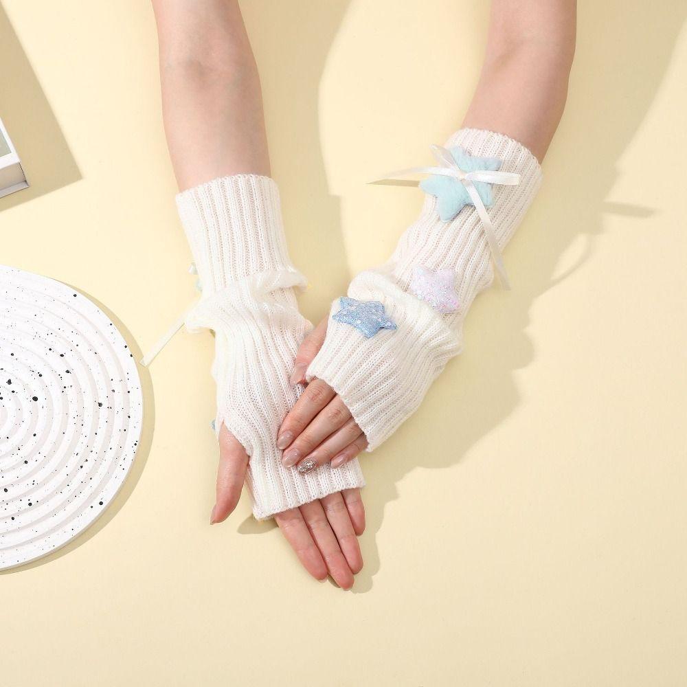 Fashion Y2K Long Wrist Gloves Stars Thicken Arm Warmers Soft Solid Color Half Finger Gloves Women