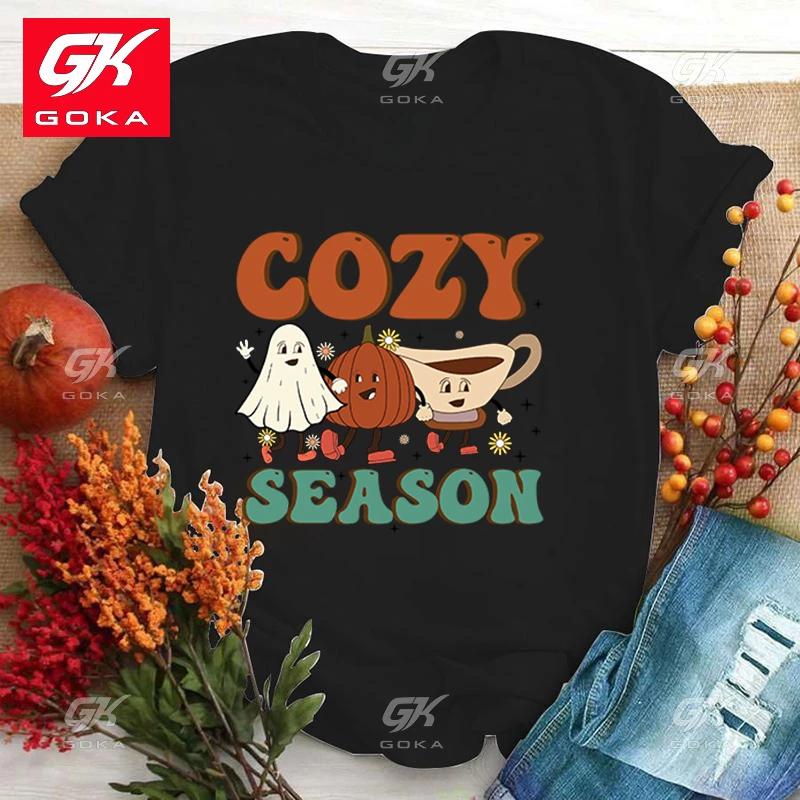 Unisex Fashion Cotton T Shirt Funny Fall Cozy Season Letter Print T Shirts Fall Cozy Season Graphic Short Sleeve Unisex Casual Tees