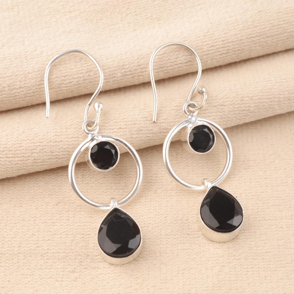 Natural Black Onyx Gemstone 925 Sterling Silver Jewelry Handmade Earrings 2.0" EE-140-7