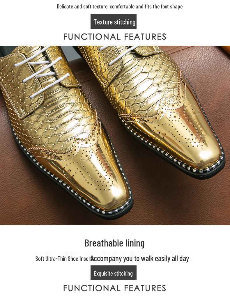 Golden Glossy Business Brogue Leather Shoes - European & American Style, Large Size Lace-up Derby Shoes