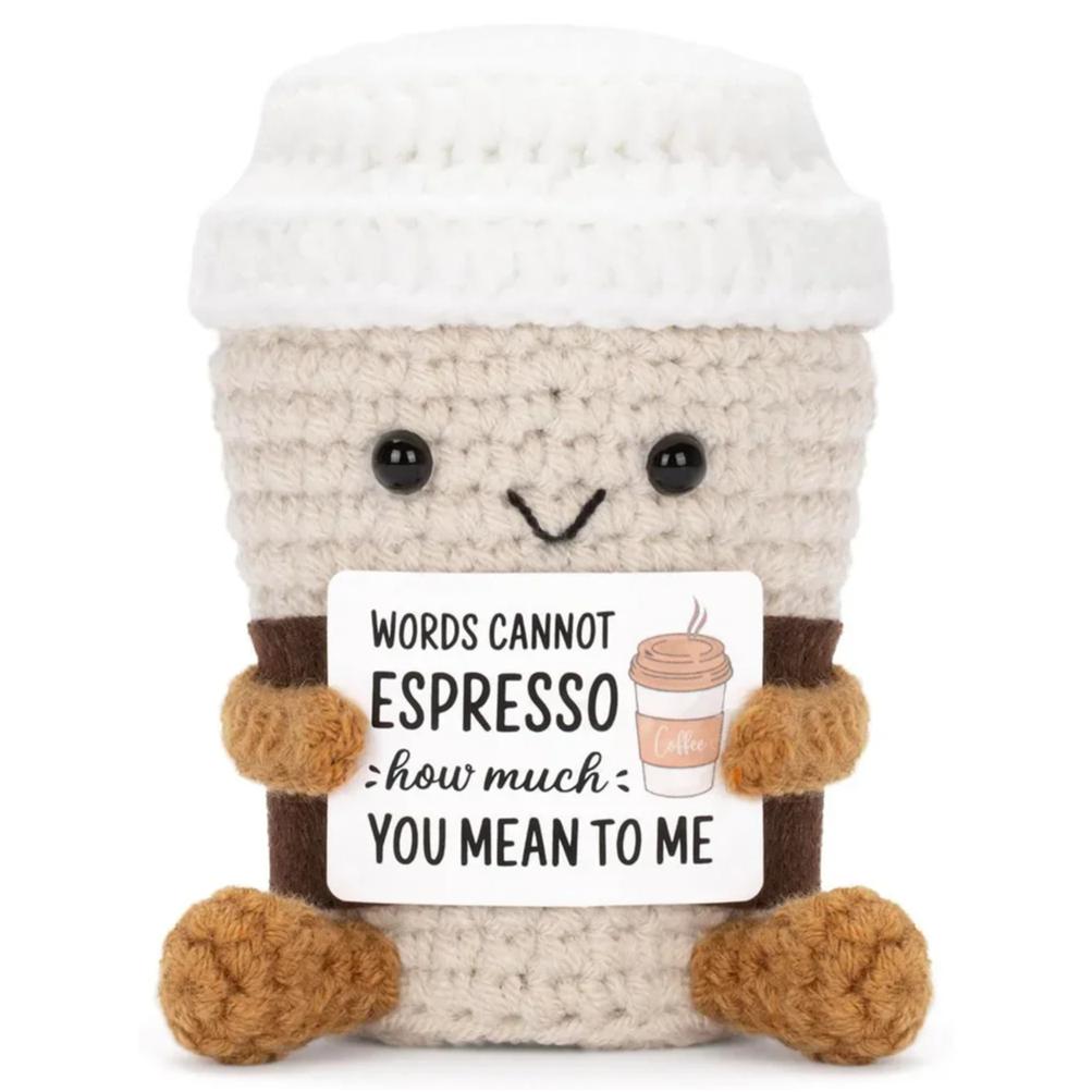 Lustige Häkel-Kaffee-Puppe zur emotionalen Unterstützung mit Karte Desktop-Ornament Handgefertigt Gestrickte Kaffee-Puppen Weihnachtsgeschenke Heimdeko