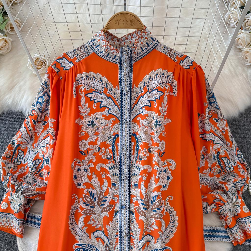 Vintage Langes Kleid für Damen, Frühling, Herbst, Blumendruck, Robe, Stehkragen, elegant, einreihig, Schnürgürtel, plissiertes Maxikleid