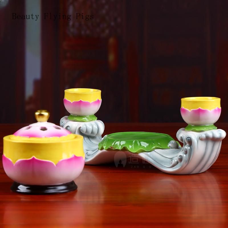 Boutique ceramic lotus incense burner Buddha hall offering incense burner butter incense candlestick set feng shui