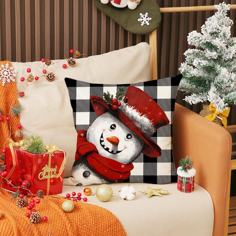 New Christmas Set Linen Pillow Plaid Snowman Print Cushion Indoor Holiday Decoration Sofa Cushion