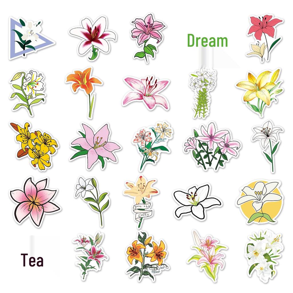 Lily Flower Travel Stickers: 50 Waterproof Cartoon Plant Designs for Suitcase & Laptop Decoration