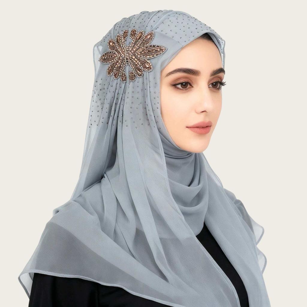 Luxury Rhinestone Chiffon Hijab Scarf Women Muslim Crystal Diamond Headscarf White Wedding Shawl Embroidered Beaded Turban Wrap