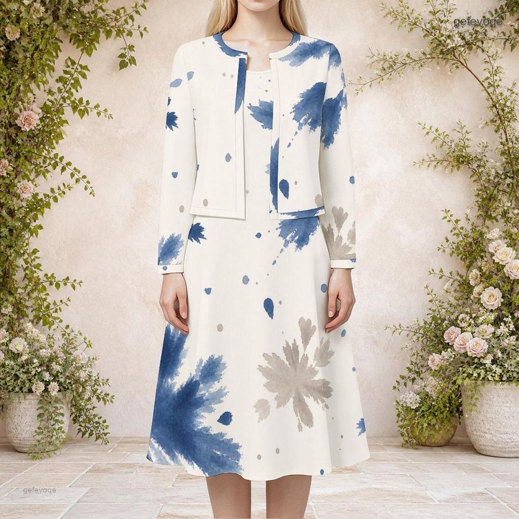 Women Plus Size Printed Round Neck Long Sleeve Cardigan Sleeveless Long Dress Two Piece Set