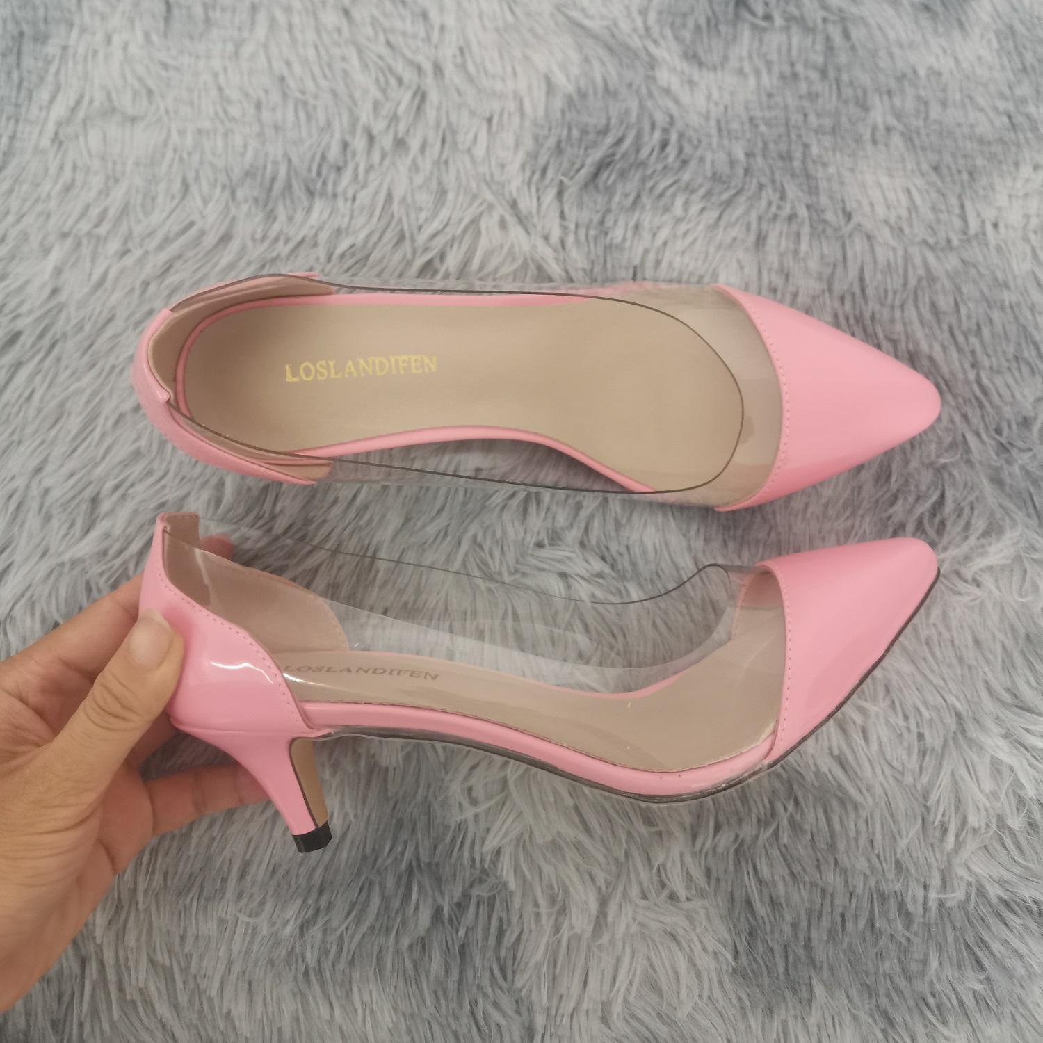 

LOSLANDIFEN женские туфли-лодочки весна осень ПВХ прозрачные 5 см низкие каблуки сексуальные заостренные носки тонкие высокие каблуки без застежек праздничные свадебные туфли обувь 37 розовый
