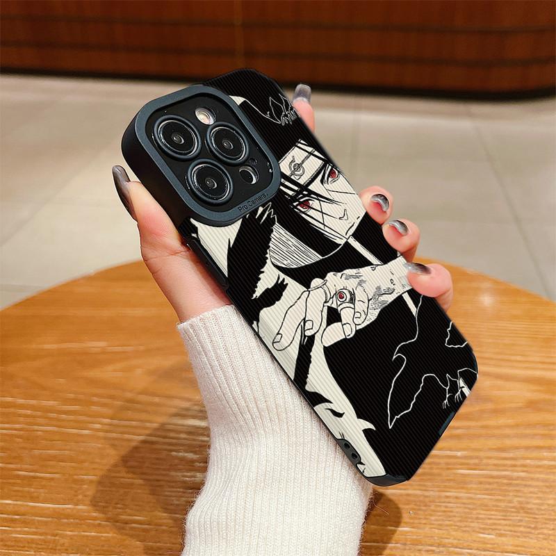 Vertical Grain Leather Shell Uchiha Itachi Printed Cover Patterned Soft Silicone Case with Camera Lens Full Protection for iPhone